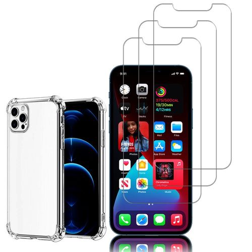 Coque Silicone Tpu Souple Pour Apple Iphone 12 Pro 6.1" Anti-Choc Ultra Résistant Avec Coins Renforcés - Transparent + 3 Films Verre Trempé - Transparent