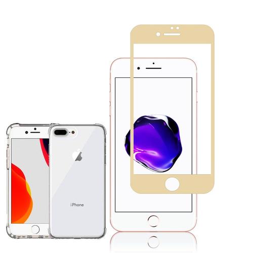 Coque Silicone Tpu Souple Pour Apple Iphone 7 Plus 5.5" Anti-Choc Ultra Résistant Avec Coins Renforcés - Transparent + 1 Film Verre Trempé Incurvé - Or (Gold)