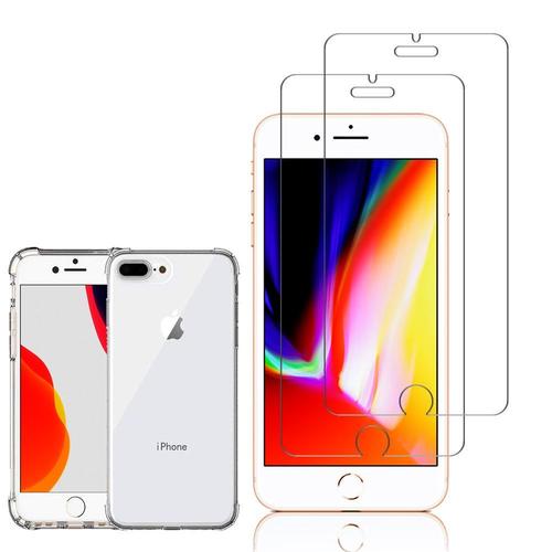 Coque Silicone Tpu Souple Pour Apple Iphone 8 Plus 5.5" Anti-Choc Ultra Résistant Avec Coins Renforcés - Transparent + 2 Films Verre Trempé - Transparent