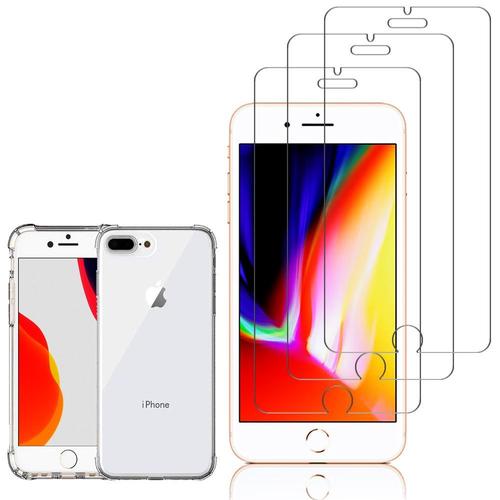 Coque Silicone Tpu Souple Pour Apple Iphone 8 Plus 5.5" Anti-Choc Ultra Résistant Avec Coins Renforcés - Transparent + 3 Films Verre Trempé - Transparent