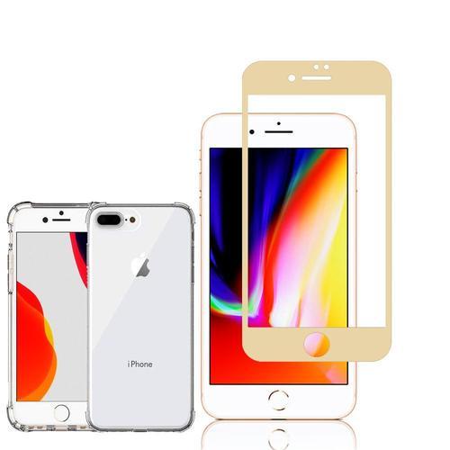 Coque Silicone Tpu Souple Pour Apple Iphone 8 Plus 5.5" Anti-Choc Ultra Résistant Avec Coins Renforcés - Transparent + 1 Film Verre Trempé Incurvé - Or (Gold)