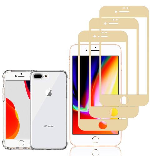 Coque Silicone Tpu Souple Pour Apple Iphone 8 Plus 5.5" Anti-Choc Ultra Résistant Avec Coins Renforcés - Transparent + 3 Films Verre Trempé Incurvé - Or (Gold)