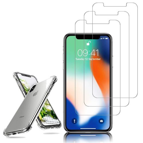 Coque Silicone Tpu Souple Pour Apple Iphone X 5.8" Anti-Choc Ultra Résistant Avec Coins Renforcés - Transparent + 3 Films Verre Trempé - Transparent