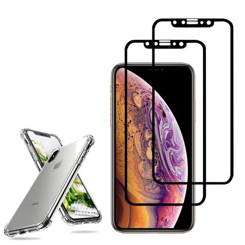 Coque Silicone Tpu Souple Pour Apple Iphone X 5.8" Anti-Choc Ultra Résistant Avec Coins Renforcés - Transparent + 2 Films Verre Trempé - Noir