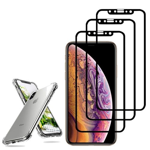 Coque Silicone Tpu Souple Pour Apple Iphone X 5.8" Anti-Choc Ultra Résistant Avec Coins Renforcés - Transparent + 3 Films Verre Trempé - Noir