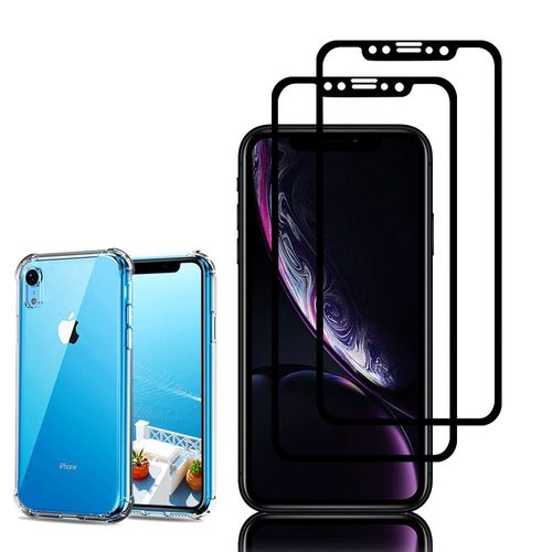 Coque Silicone Tpu Souple Pour Apple Iphone Xr (2018) 6.1" Anti-Choc Ultra Résistant Avec Coins Renforcés - Transparent + 2 Films Verre Trempé - Noir