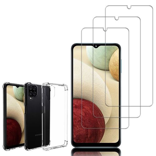 Coque Silicone Tpu Souple Pour Samsung Galaxy A12 6.5" Anti-Choc Ultra Résistant Avec Coins Renforcés - Transparent + 3 Films Verre Trempé - Transparent