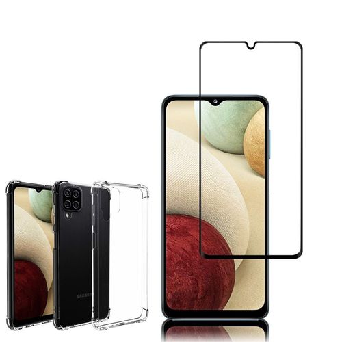 Coque Silicone Tpu Souple Pour Samsung Galaxy A12 6.5" Anti-Choc Ultra Résistant Avec Coins Renforcés - Transparent + 1 Film Verre Trempé - Noir