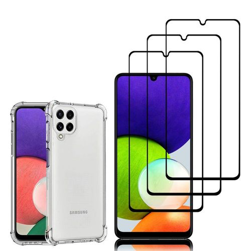 Coque Silicone Tpu Souple Pour Samsung Galaxy A22 4g 6.4" Anti-Choc Ultra Résistant Avec Coins Renforcés - Transparent + 3 Films Verre Trempé - Noir