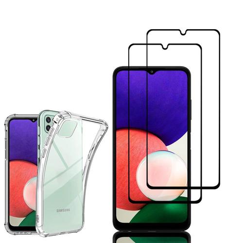 Coque Silicone Tpu Souple Pour Samsung Galaxy A22 5g 6.6" Anti-Choc Ultra Résistant Avec Coins Renforcés - Transparent + 2 Films Verre Trempé - Noir