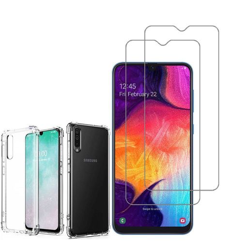 Coque Silicone Tpu Souple Pour Samsung Galaxy A50 Sm-A505f 6.4" Anti-Choc Ultra Résistant Avec Coins Renforcés - Transparent + 2 Films Verre Trempé - Transparent