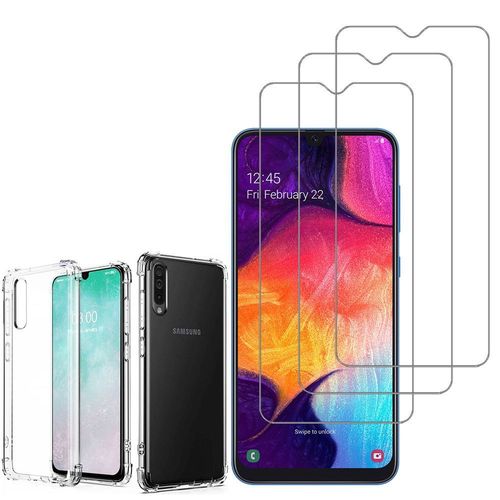 Coque Silicone Tpu Souple Pour Samsung Galaxy A50 Sm-A505f 6.4" Anti-Choc Ultra Résistant Avec Coins Renforcés - Transparent + 3 Films Verre Trempé - Transparent