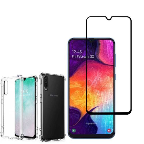 Coque Silicone Tpu Souple Pour Samsung Galaxy A50 Sm-A505f 6.4" Anti-Choc Ultra Résistant Avec Coins Renforcés - Transparent + 1 Film Verre Trempé - Noir