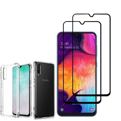 Coque Silicone Tpu Souple Pour Samsung Galaxy A50 Sm-A505f 6.4" Anti-Choc Ultra Résistant Avec Coins Renforcés - Transparent + 2 Films Verre Trempé - Noir