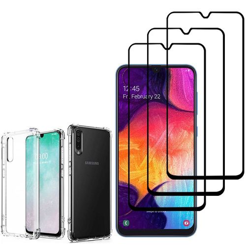 Coque Silicone Tpu Souple Pour Samsung Galaxy A50 Sm-A505f 6.4" Anti-Choc Ultra Résistant Avec Coins Renforcés - Transparent + 3 Films Verre Trempé - Noir