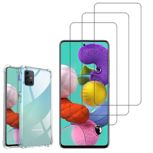 Coque Silicone Tpu Souple Pour Samsung Galaxy A51 6.5" Anti-Choc Ultra Résistant Avec Coins Renforcés - Transparent + 3 Films Verre Trempé - Transparent