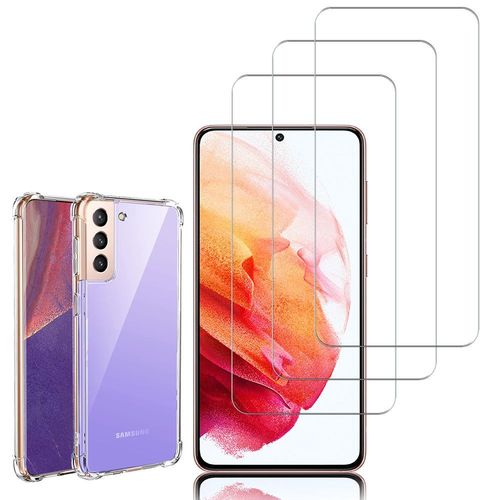 Coque Silicone Tpu Souple Pour Samsung Galaxy S21 5g 6.2" Anti-Choc Ultra Résistant Avec Coins Renforcés - Transparent + 3 Films Verre Trempé - Transparent