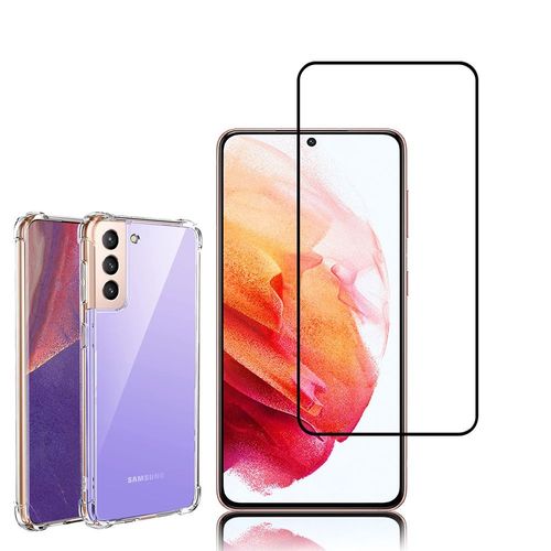 Coque Silicone Tpu Souple Pour Samsung Galaxy S21 5g 6.2" Anti-Choc Ultra Résistant Avec Coins Renforcés - Transparent + 1 Film Verre Trempé - Noir