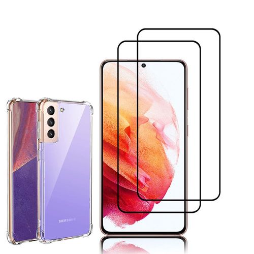 Coque Silicone Tpu Souple Pour Samsung Galaxy S21 5g 6.2" Anti-Choc Ultra Résistant Avec Coins Renforcés - Transparent + 2 Films Verre Trempé - Noir
