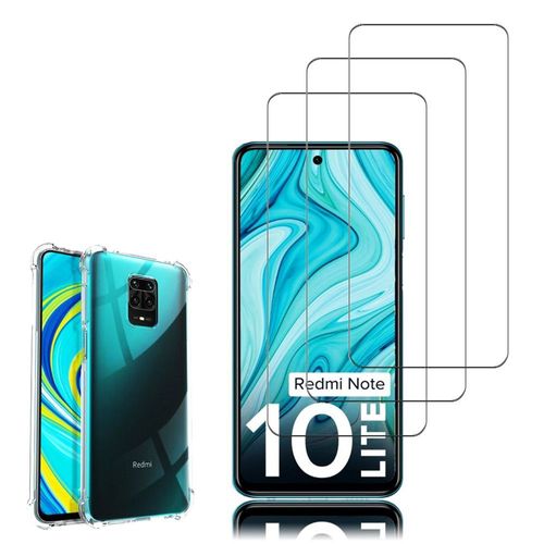 Coque Silicone Tpu Souple Pour Xiaomi Redmi Note 10 Lite 6.67" Anti-Choc Ultra Résistant Avec Coins Renforcés - Transparent + 3 Films Verre Trempé - Transparent