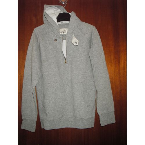 Sweat-Shirt À Capuche Zippé De Marque Célio Garment French Makers, Taille S, Coloris Gris Clair, Languette Boutonnée Sur Le Zippe, 2 Poches En Biais Sur Le Devant Vers Le Bas....