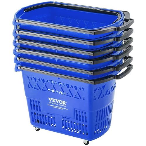 Panier de Courses-VEVOR-Lot de 6-Roulettes-Plastique-39 L-Poignée-540x530x365 mm-Magasin de Détail-Supermarché-Epicerie-Bleu