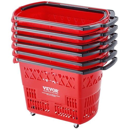 Panier de Courses-VEVOR-Lot de 6-Roulettes-Plastique-39 L-Poignée-540x530x365 mm-Magasin de Détail-Supermarché-Epicerie-Rouge