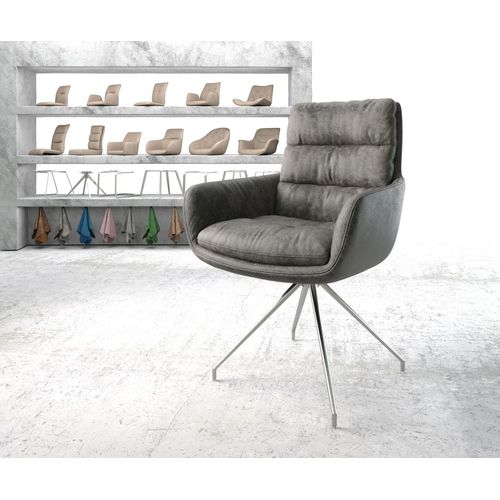 Chaise-Rembourrée-Pivotante Abelia-Flex Avec Accoudoir Cadre Croisé Conique Acier Inoxydable Gris Vintage