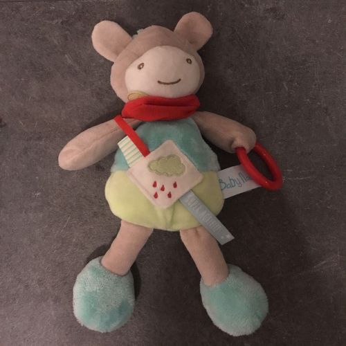 Doudou Vache Baby Nat Super Activités Verte Et Bleu Bandana Rouge