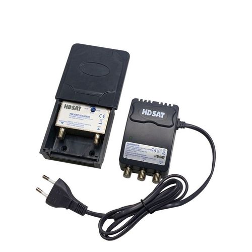 HDSAT Kit Preamplificateur de Mat 5G TNT UHF + Alim 12V 2 Sorties - Gain 38dB Réglable - Amplificateur Antenne TV TNT Rateau
