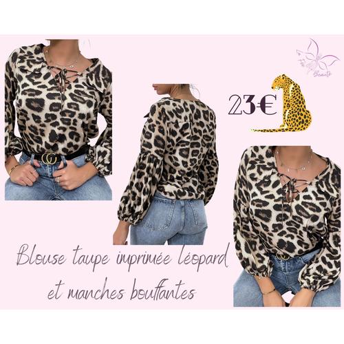 Blouse Taupe Imprimée Léopard Et Manches Bouffantes