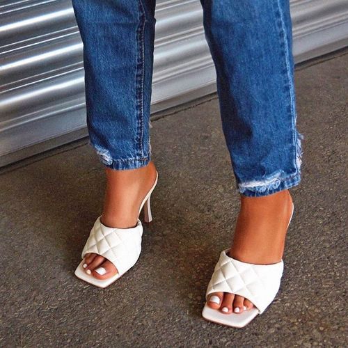 Chaussures Talons Hauts Pour Femmes, Mules Matelassées,pu, Sandales, Pantoufles, Blanches, 2020