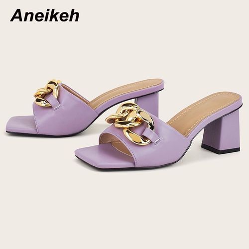 Chaussures Talons Carrés Pour Femmes, Nouvelle Mode, Pantoufles Bout Ouvert, Décoration En Métal Peu Profonde, Patchworklégant,