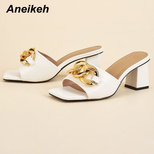 Chaussures Talons Carrés Pour Femmes, Nouvelle Mode, Pantoufles Bout Ouvert, Décoration En Métal Peu Profonde, Patchworklégant,