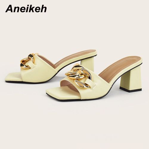 Chaussures Talons Carrés Pour Femmes, Nouvelle Mode, Pantoufles Bout Ouvert, Décoration En Métal Peu Profonde, Patchworklégant,