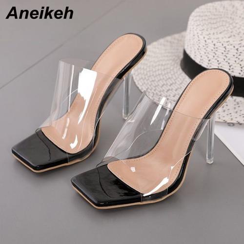 Chaussures En Pvc Pour Femmes, Pantoufles Transparentes Talons Hauts, Fête, Bout Carré Peu Profond, Solides, Concis