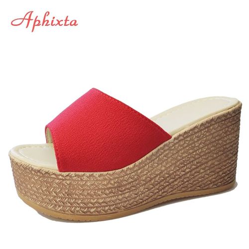 Aphixta. Chaussures Talons Compensées, Pantouflelégante, Semelles Extérieure En Bois, Ouvert Peep Orteils, De Hauteur De Quai De 3 5 Cm, En Couleur Noire, Beige, Verte, Rouge, Rouge-vin, Rose, De Pointure 4 9