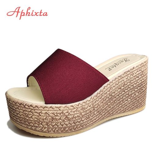 Aphixta. Chaussures Talons Compensées, Pantouflelégante, Semelles Extérieure En Bois, Ouvert Peep Orteils, De Hauteur De Quai De 3 5 Cm, En Couleur Noire, Beige, Verte, Rouge, Rouge-vin, Rose, De Pointure 4