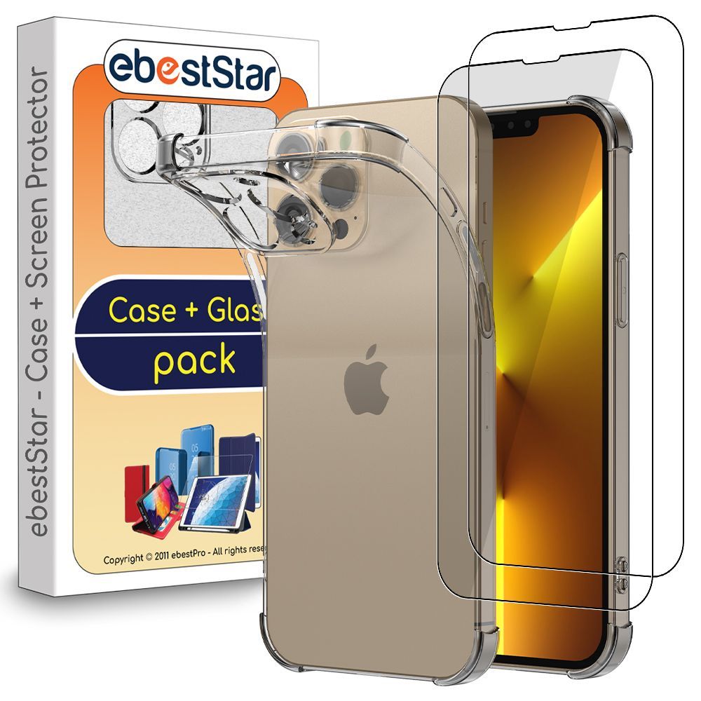 Ebeststar - Coque + X2 Films Verre Trempé Iphone 13 Pro Max Etui Housse Silicone Slim Coins Rebords Renforcés, Antichoc, Transparent [Dimensions Precises Smartphone : 160.8 X 78.1 X 7.65 Mm, Écran 6.7''] [Nb: Lire Description]