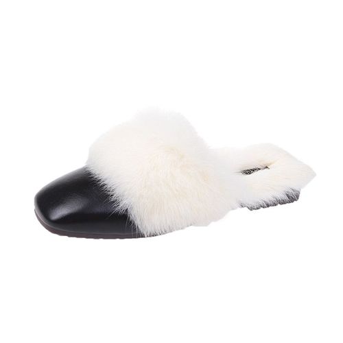Chaussons Plats En Cuir Pour Femmes, Pantoufles De Maison Chaudes Et Décontractées, Demi-traînée, En Fourrure Carrée,