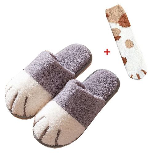 Chaussure D'hiver D'intérieur En Coton Pour Femmes, Mignon Dessin Animé Patte De Chat Hommes Femmes Amoureux Diapositives De Fourrure Plus Velours Chaud Fond Doux Pantoufles Pour Femmes
