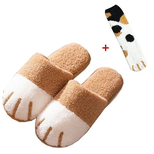 Chaussure D'hiver D'intérieur En Coton Pour Femmes, Mignon Dessin Animé Patte De Chat Hommes Femmes Amoureux Diapositives De Fourrure Plus Velours Chaud Fond Doux Pantoufles Pour Femmes