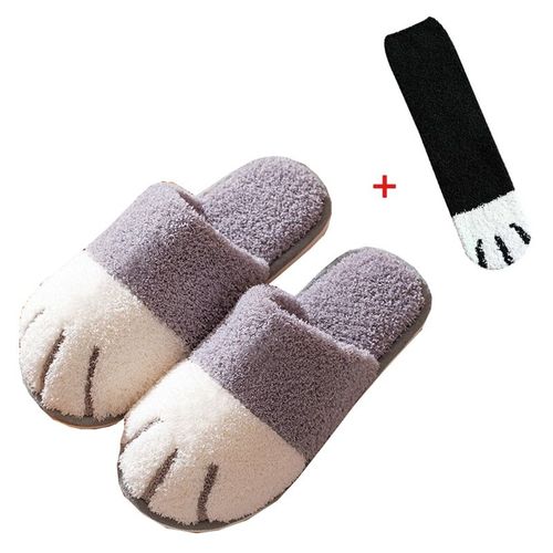 Chaussure D'hiver D'intérieur En Coton Pour Femmes, Mignon Dessin Animé Patte De Chat Hommes Femmes Amoureux Diapositives De Fourrure Plus Velours Chaud Fond Doux Pantoufles Pour Femmes
