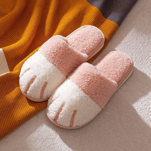 Chaussure D'hiver D'intérieur En Coton Pour Femmes, Mignon Dessin Animé Patte De Chat Hommes Femmes Amoureux Diapositives De Fourrure Plus Velours Chaud Fond Doux Pantoufles Pour Femmes