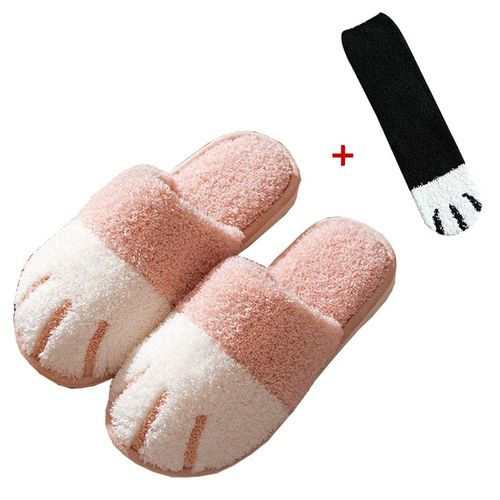 Chaussure D'hiver D'intérieur En Coton Pour Femmes, Mignon Dessin Animé Patte De Chat Hommes Femmes Amoureux Diapositives De Fourrure Plus Velours Chaud Fond Doux Pantoufles Pour Femmes