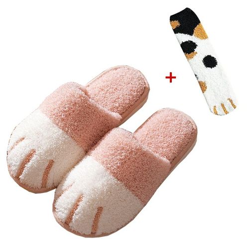 Chaussure D'hiver D'intérieur En Coton Pour Femmes, Mignon Dessin Animé Patte De Chat Hommes Femmes Amoureux Diapositives De Fourrure Plus Velours Chaud Fond Doux Pantoufles Pour Femmes
