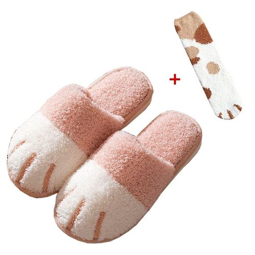 Chaussure D'hiver D'intérieur En Coton Pour Femmes, Mignon Dessin Animé Patte De Chat Hommes Femmes Amoureux Diapositives De Fourrure Plus Velours Chaud Fond Doux Pantoufles Pour Femmes