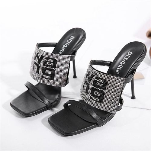 Chaussures Enfiler En Cristal Pour Femmes, Pantoufles Bout Carré, Escarpins Talons Hauts, Lanière Fine Noire, Chaussures De Fête Bohème