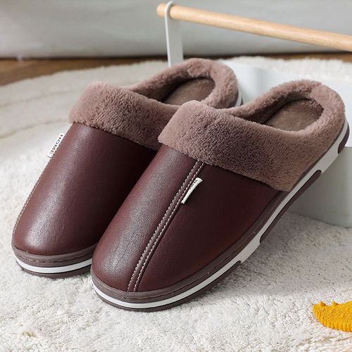 Chaussures D'intérieur Imperméables Pour Hommes Et Femmes, Pantoufles D'hiver Pour La Maison, En Faux Cuir, Peluche Chaude, Antidérapantes