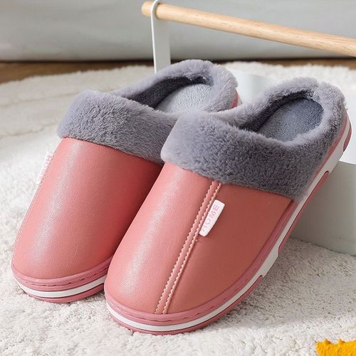Chaussures D'intérieur Imperméables Pour Hommes Et Femmes, Pantoufles D'hiver Pour La Maison, En Faux Cuir, Peluche Chaude, Antidérapantes
